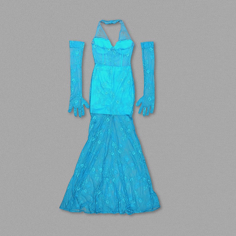 Blue Lace Sheer Mermaid Gown H6183