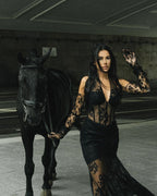 Blue Lace Sheer Mermaid Gown H6183