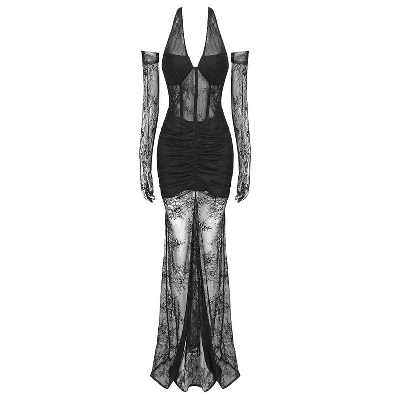 Blue Lace Sheer Mermaid Gown H6183