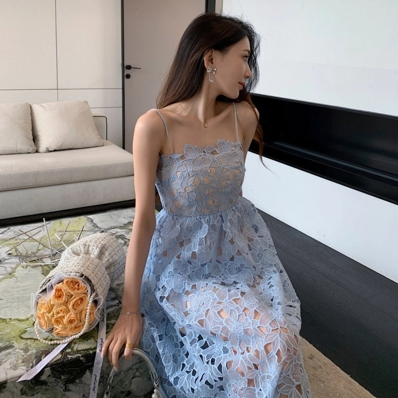 Blue Lace Strappy Midi Dress H6297