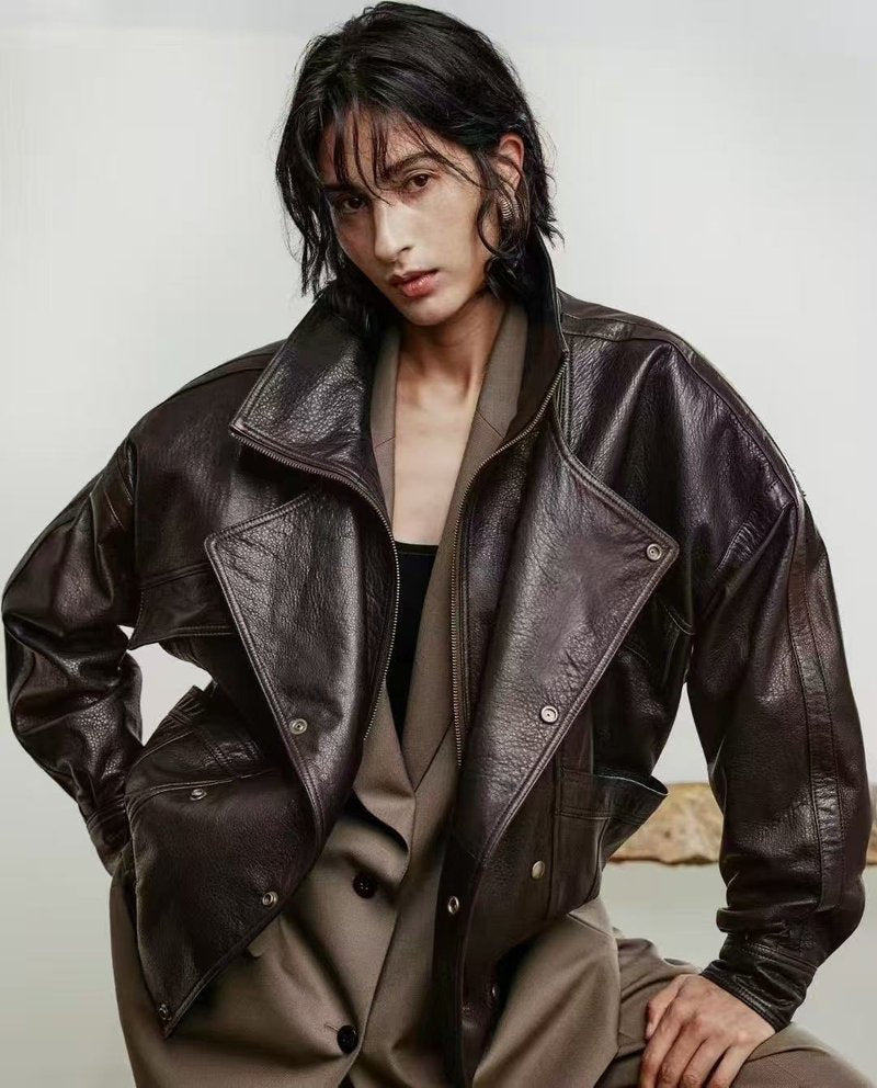 Brown Leather Moto Jacket H7024