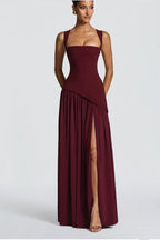 Fashion Burgundy Asymmetric Slit Maxi Dress H7160