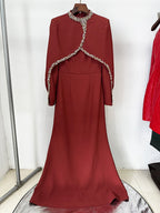 Burgundy Cape Embellished Mermaid Gown H7056