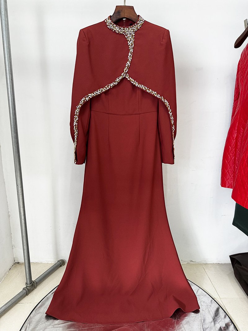 Burgundy Cape Embellished Mermaid Gown H7056