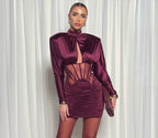 Burgundy Satin Cutout Ruched Mini Dress H7028