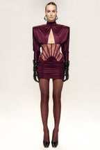 Burgundy Satin Cutout Ruched Mini Dress H7028