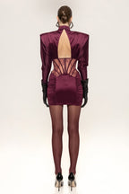 Burgundy Satin Cutout Ruched Mini Dress H7028