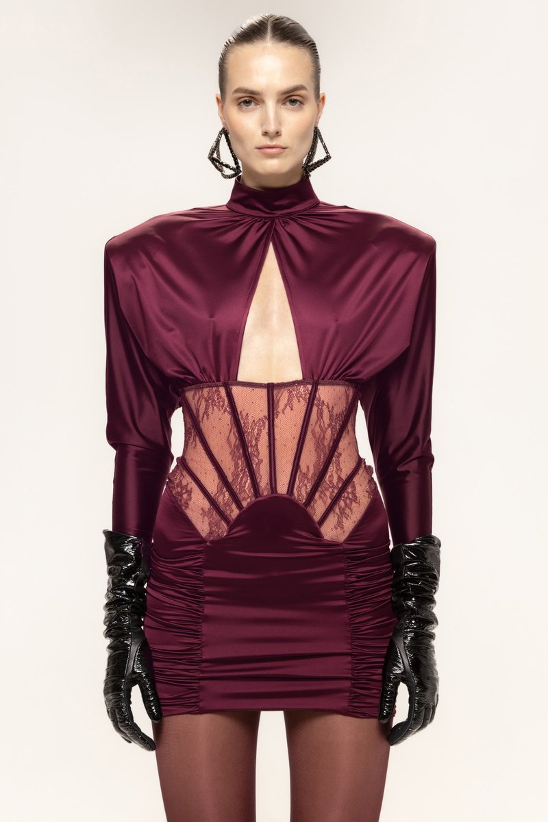 Burgundy Satin Cutout Ruched Mini Dress H7028