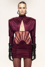 Burgundy Satin Cutout Ruched Mini Dress H7028