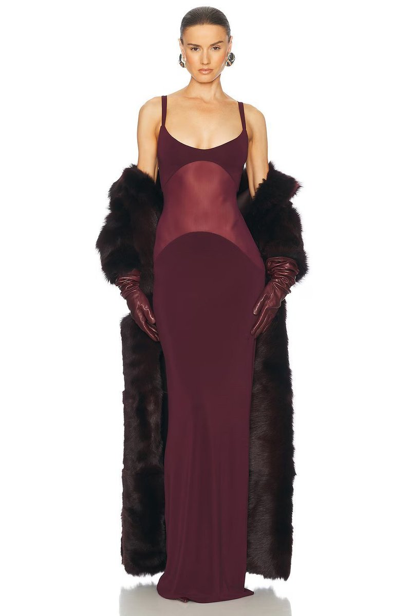 Burgundy Sheer Panel Maxi Dress H6642