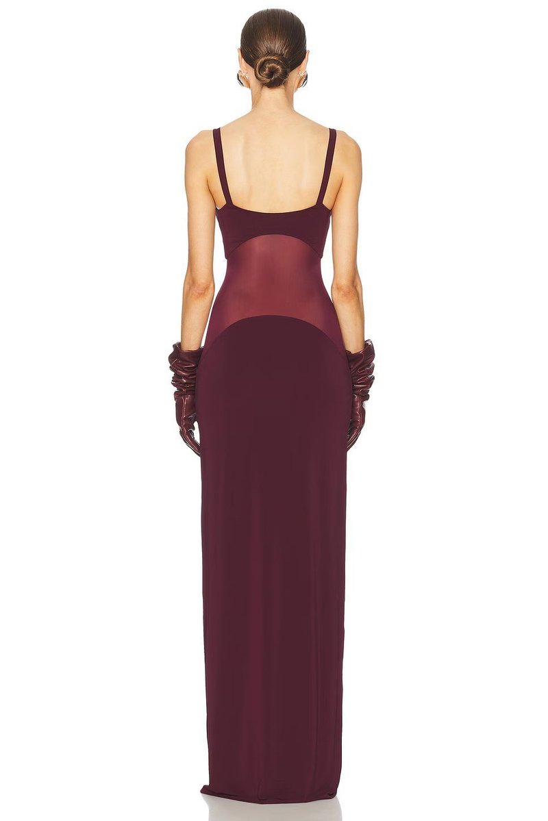 Burgundy Sheer Panel Maxi Dress H6642