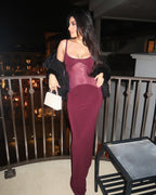 Burgundy Sheer Panel Maxi Dress H6642
