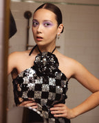 Checkerboard Sequin Halter Maxi Dress H6569