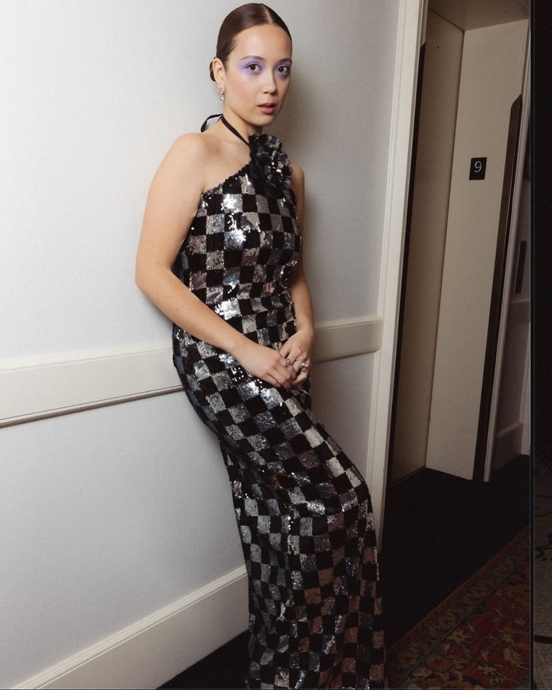 Checkerboard Sequin Halter Maxi Dress H6569