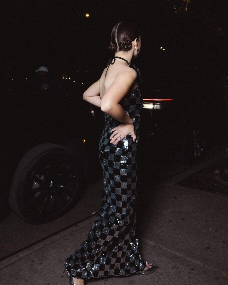Checkerboard Sequin Halter Maxi Dress H6569