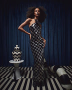 Checkerboard Sequin Halter Maxi Dress H6569