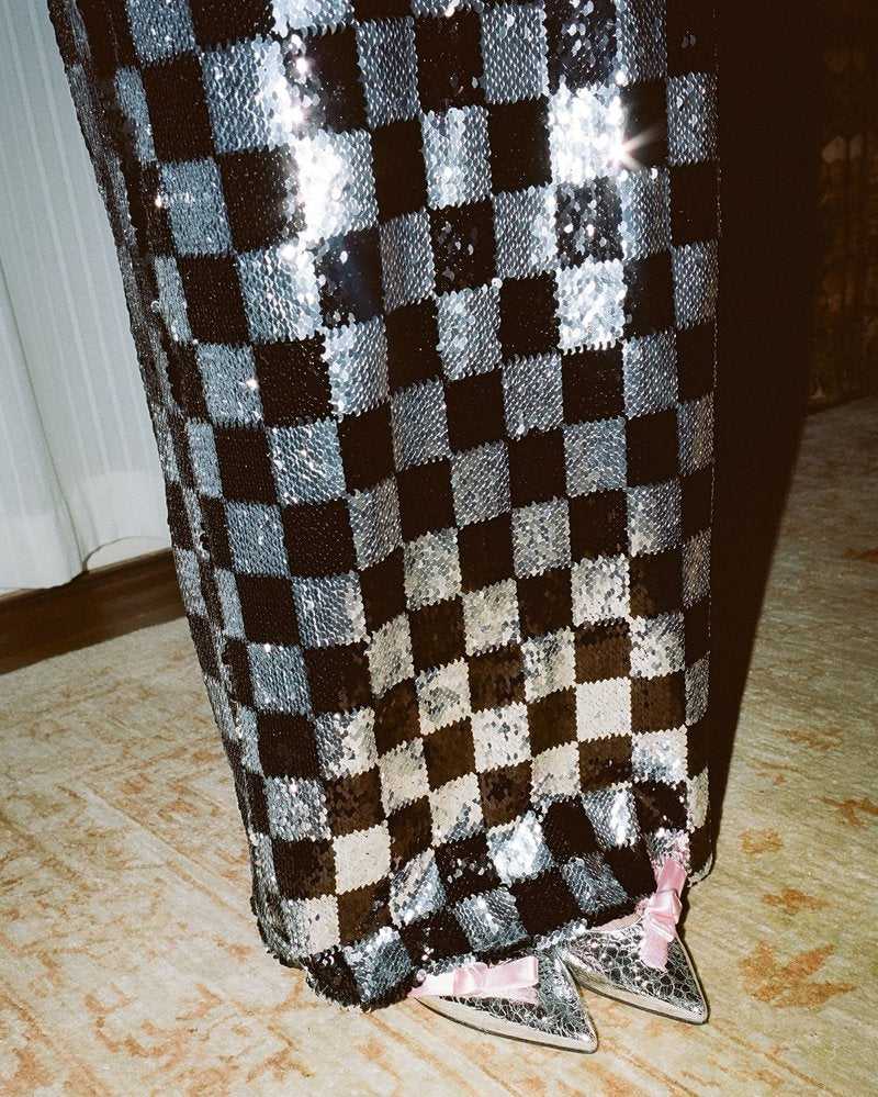 Checkerboard Sequin Halter Maxi Dress H6569