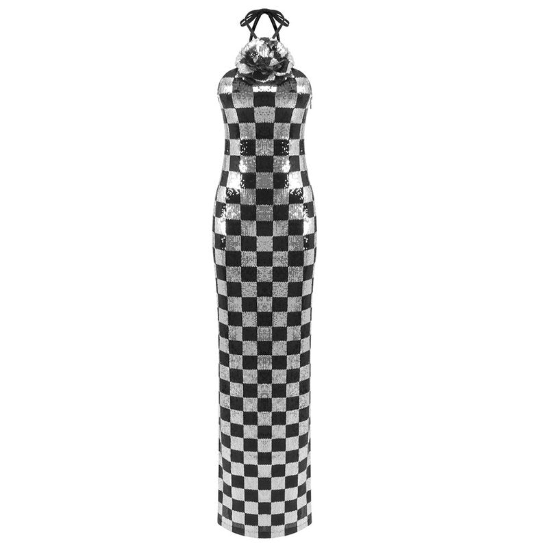 Checkerboard Sequin Halter Maxi Dress H6569