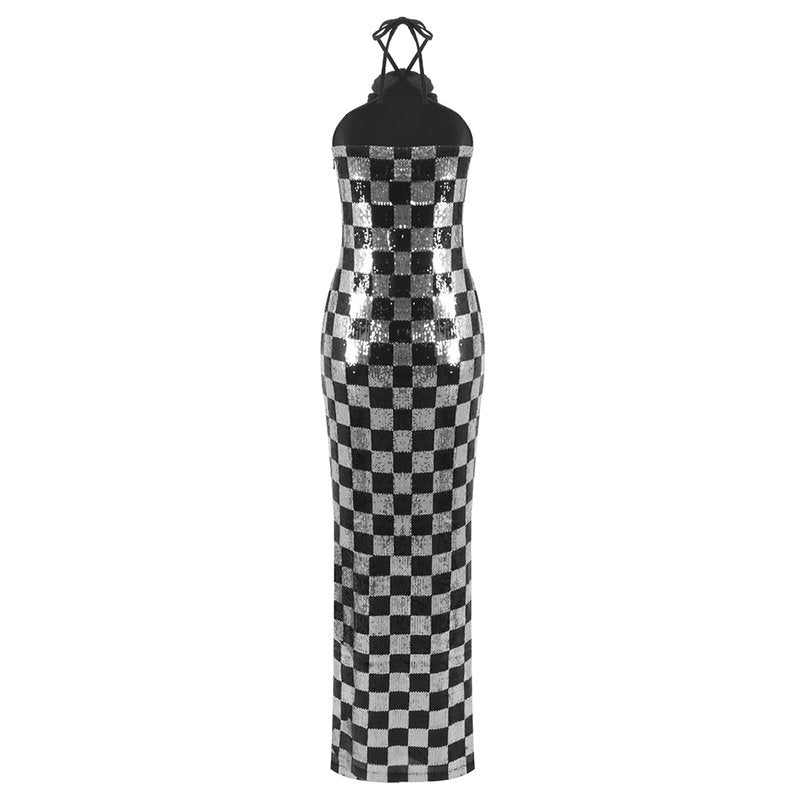 Checkerboard Sequin Halter Maxi Dress H6569