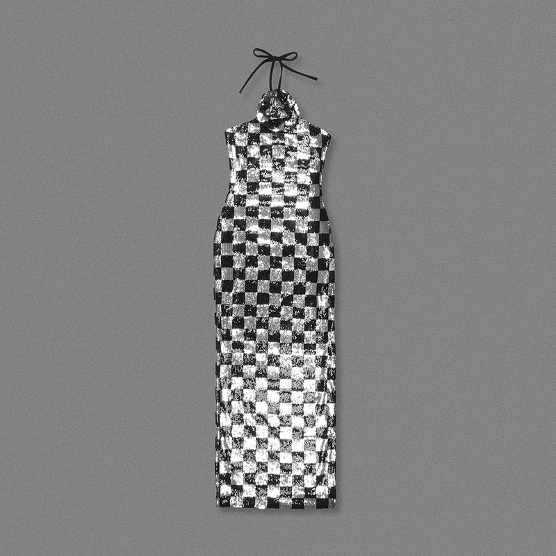 Checkerboard Sequin Halter Maxi Dress H6569