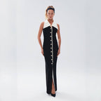Collar Pearl Button Sleeveless Dress H6506