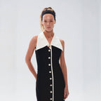 Collar Pearl Button Sleeveless Dress H6506