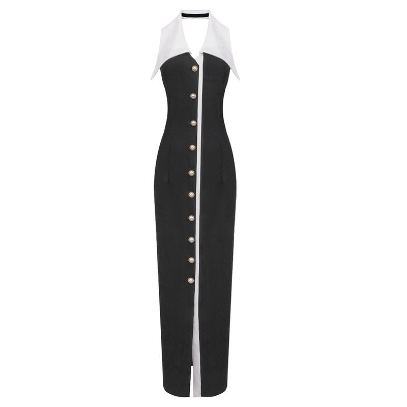 Collar Pearl Button Sleeveless Dress H6506