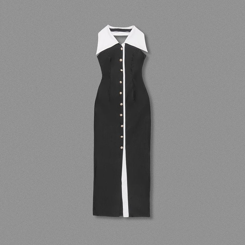 Collar Pearl Button Sleeveless Dress H6506