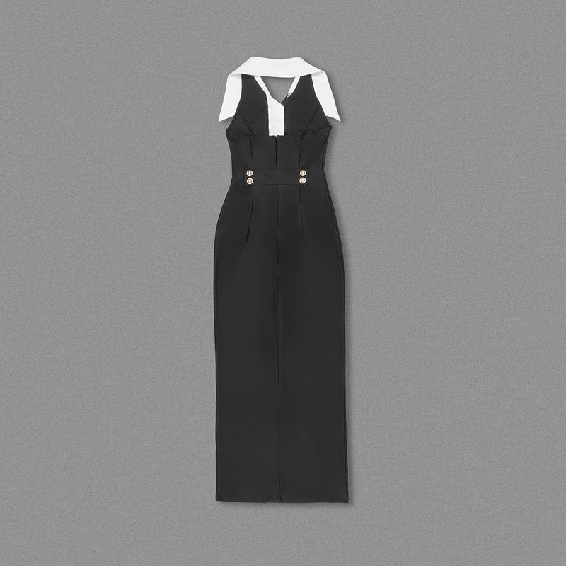 Collar Pearl Button Sleeveless Dress H6506