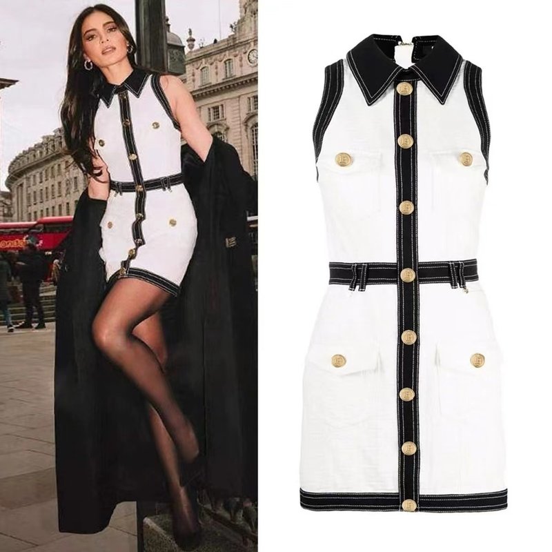 Collar Sleeveless Button Front Dress H6093