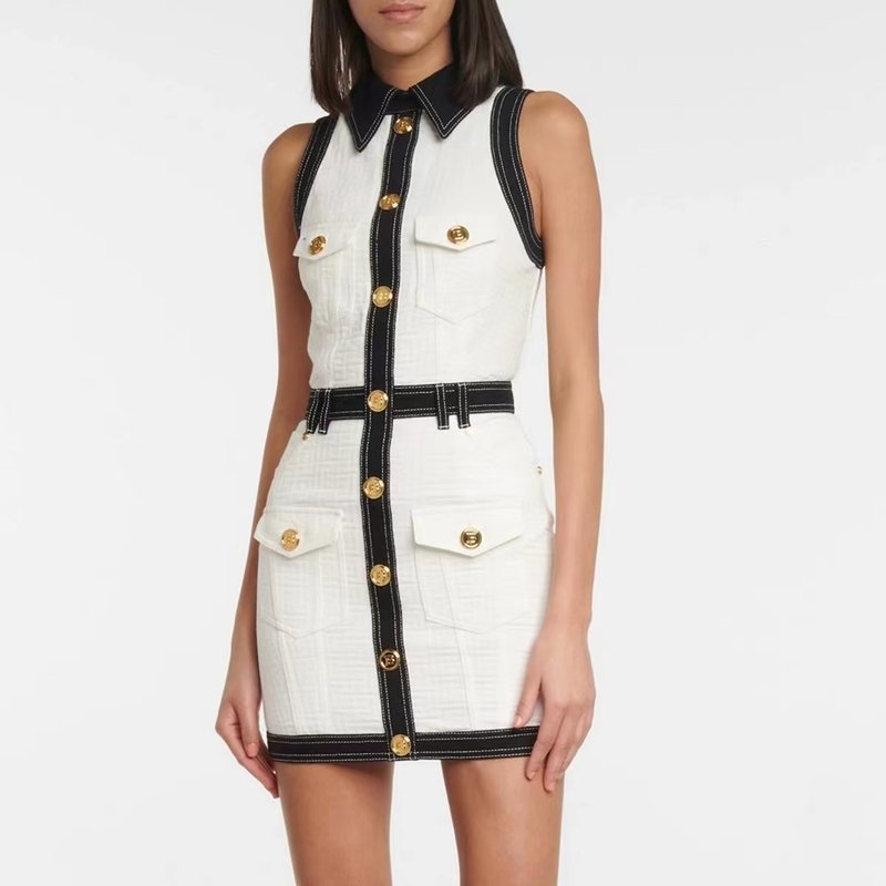 Collar Sleeveless Button Front Dress H6093