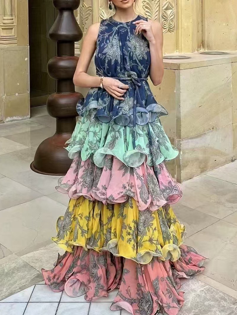Colorblock Ruffle Floral Maxi Dress H6768