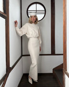 Cream High-Waisted Puff Sleeve Dress H6887