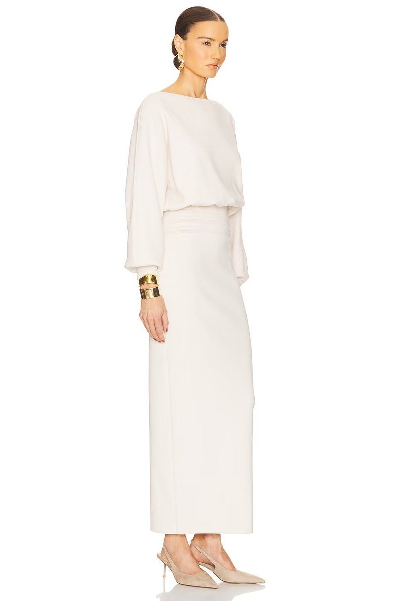 Cream High-Waisted Puff Sleeve Dress H6887