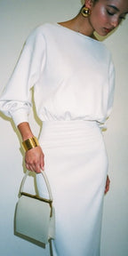 Cream High-Waisted Puff Sleeve Dress H6887