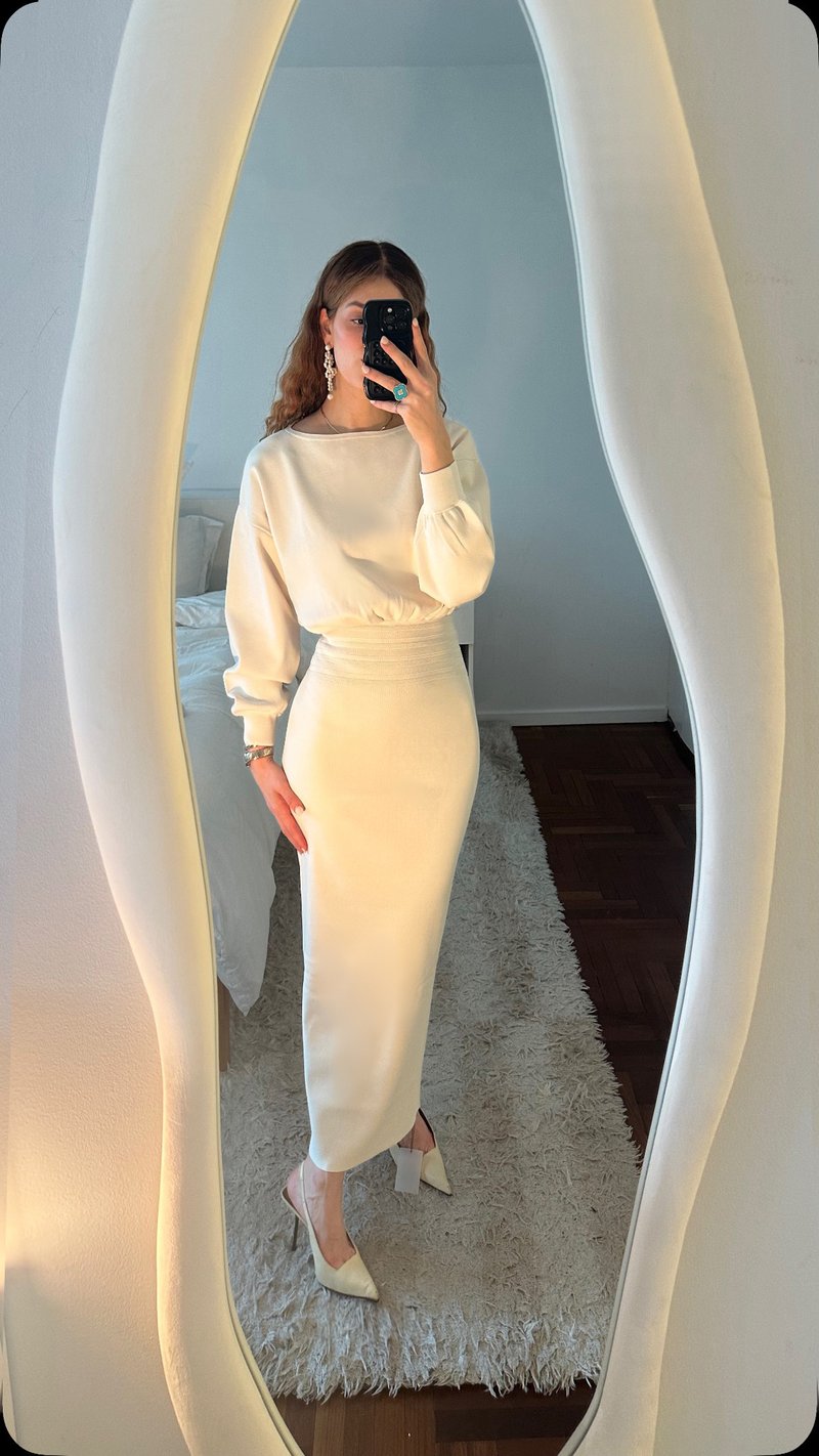 Cream High-Waisted Puff Sleeve Dress H6887