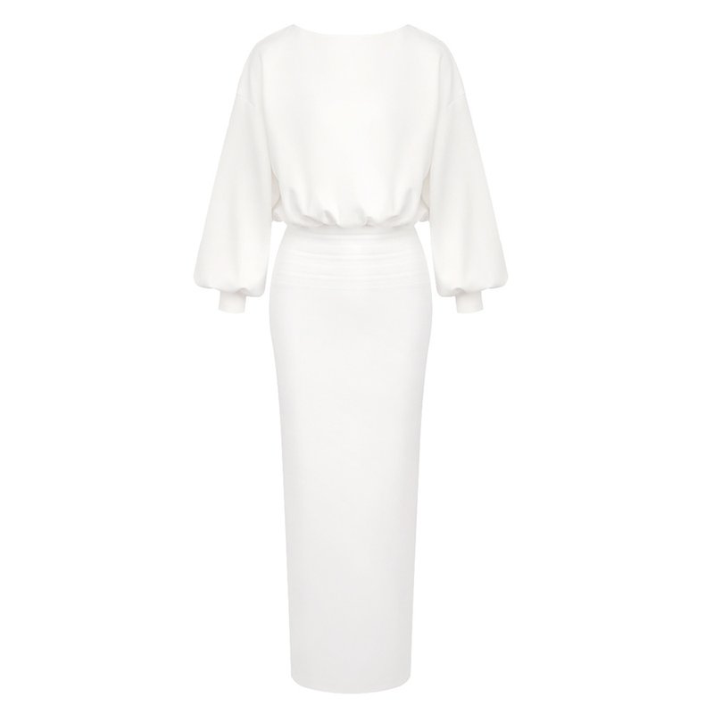 Cream High-Waisted Puff Sleeve Dress H6887