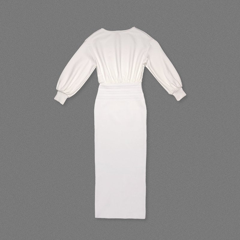 Cream High-Waisted Puff Sleeve Dress H6887