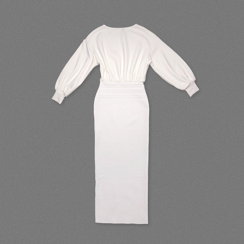 Cream High-Waisted Puff Sleeve Dress H6887