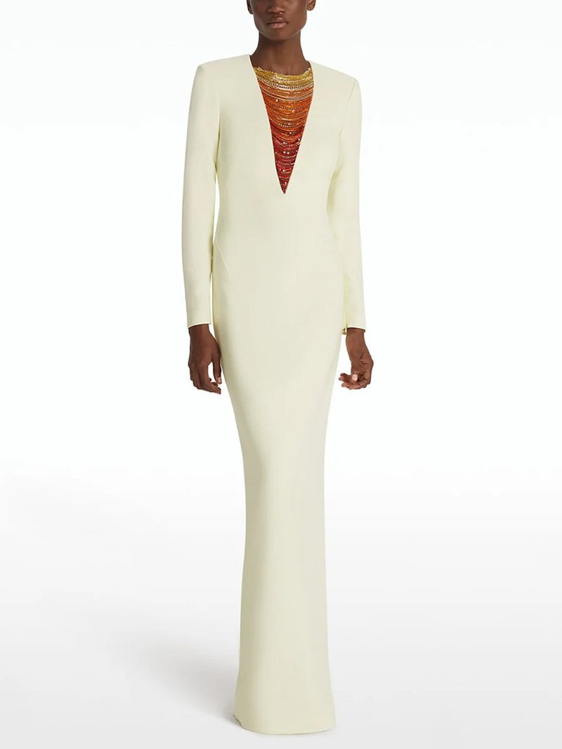Cream Long Sleeve Beaded V-Neck Gown H6778