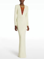 Cream Long Sleeve Beaded V-Neck Gown H6778