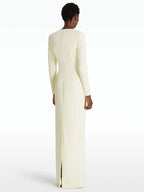 Cream Long Sleeve Beaded V-Neck Gown H6778