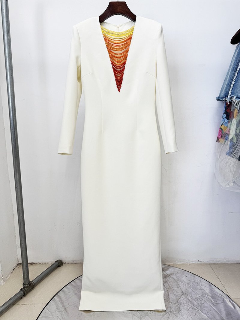 Cream Long Sleeve Beaded V-Neck Gown H6778