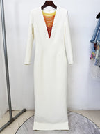 Cream Long Sleeve Beaded V-Neck Gown H6778