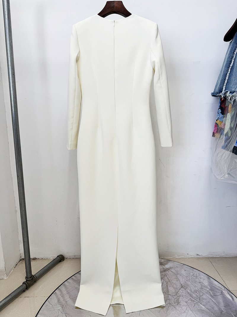 Cream Long Sleeve Beaded V-Neck Gown H6778