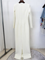 Cream Long Sleeve Beaded V-Neck Gown H6778