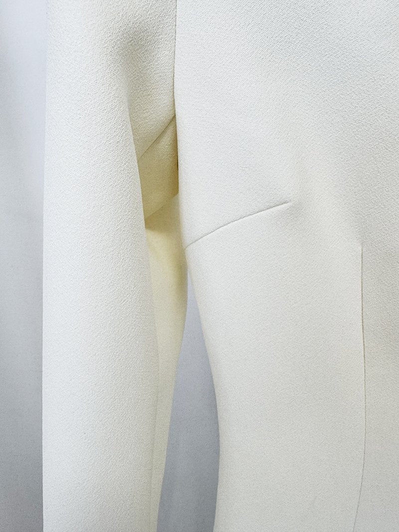 Cream Long Sleeve Beaded V-Neck Gown H6778