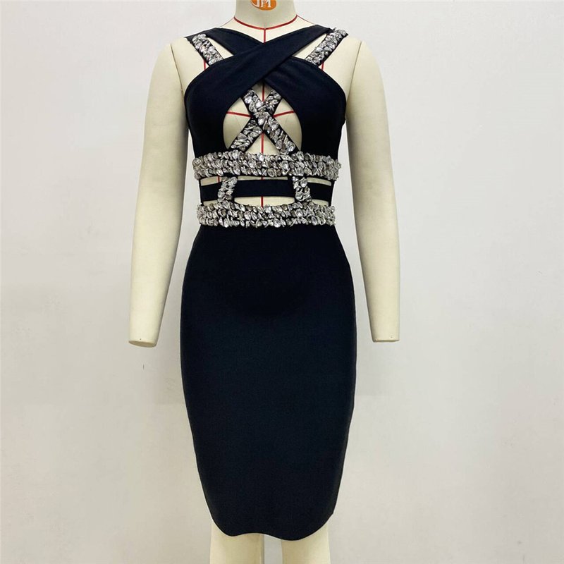 Cross Strap Crystal Cutout Bandage Dress H6319