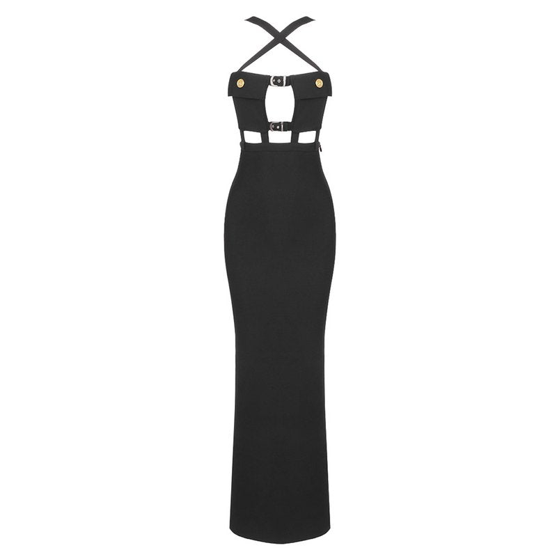 Cross-Strap Cutout Black Maxi Dress H6040