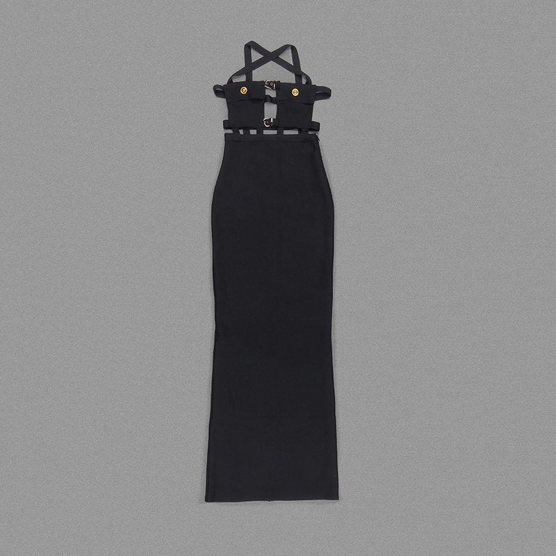 Cross-Strap Cutout Black Maxi Dress H6040